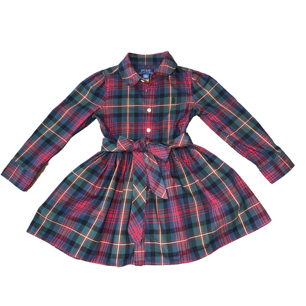 Polo Ralph Lauren Girls 3T Red Green Tartan Plaid Cotton Belted Shirt Dress Pony